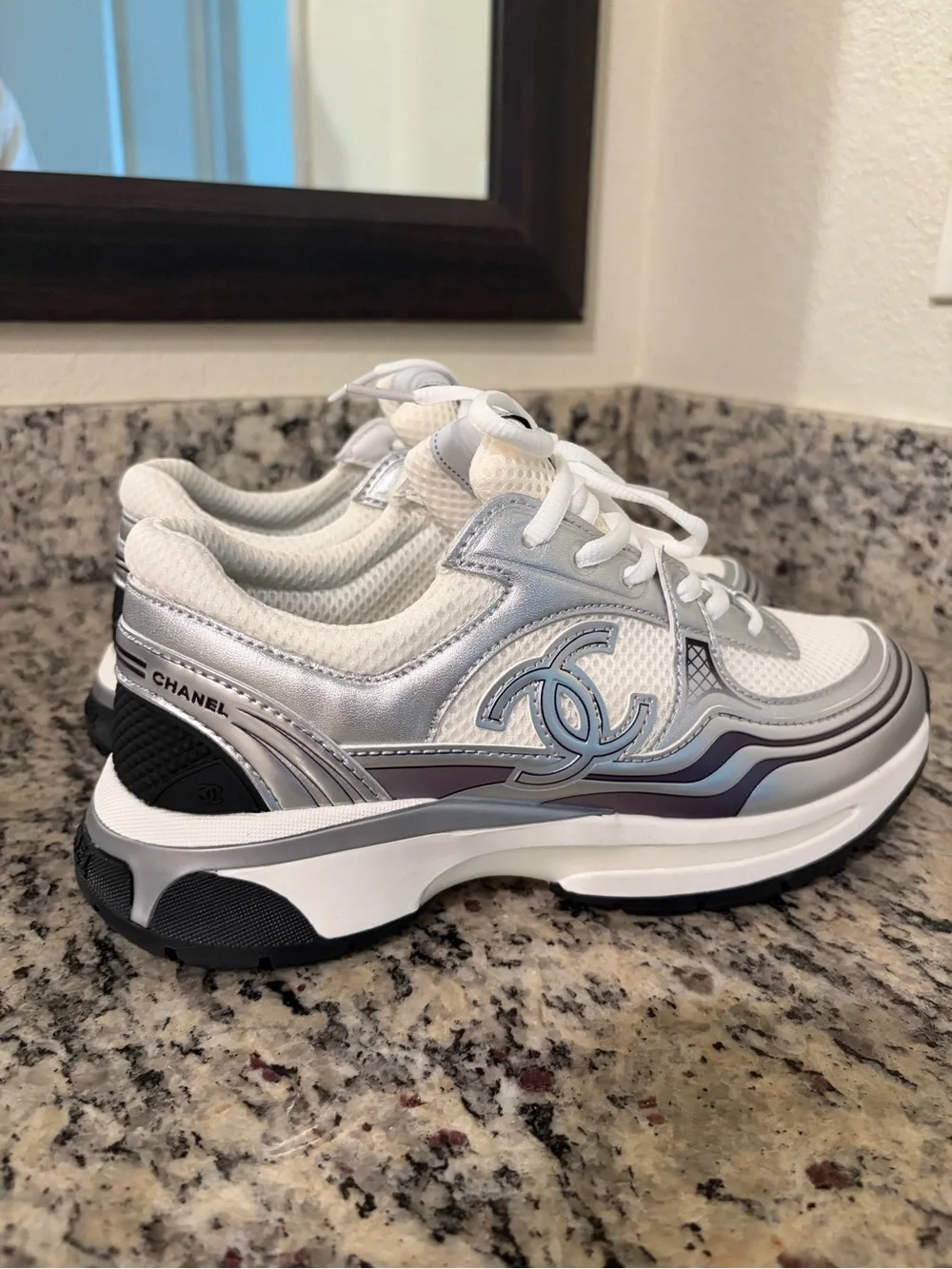 Chanel Silver & White Athletic Sneakers for men or women - Picture 2 of 8